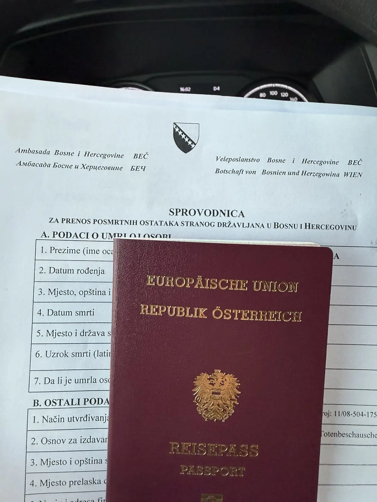 Dokumentacija za prevoz pokojnika iz Austrije u Bosnu